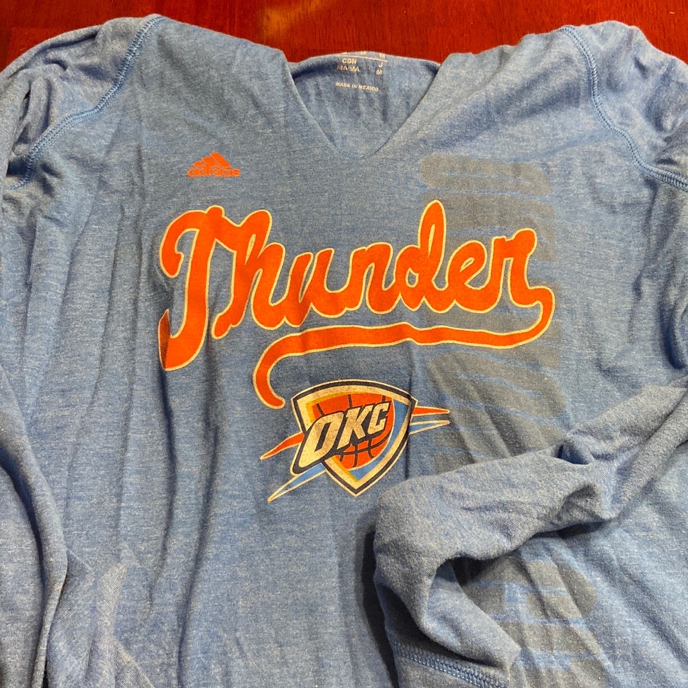 Women’s Adidas OKC thunder shirt size medium blue,orange and white!